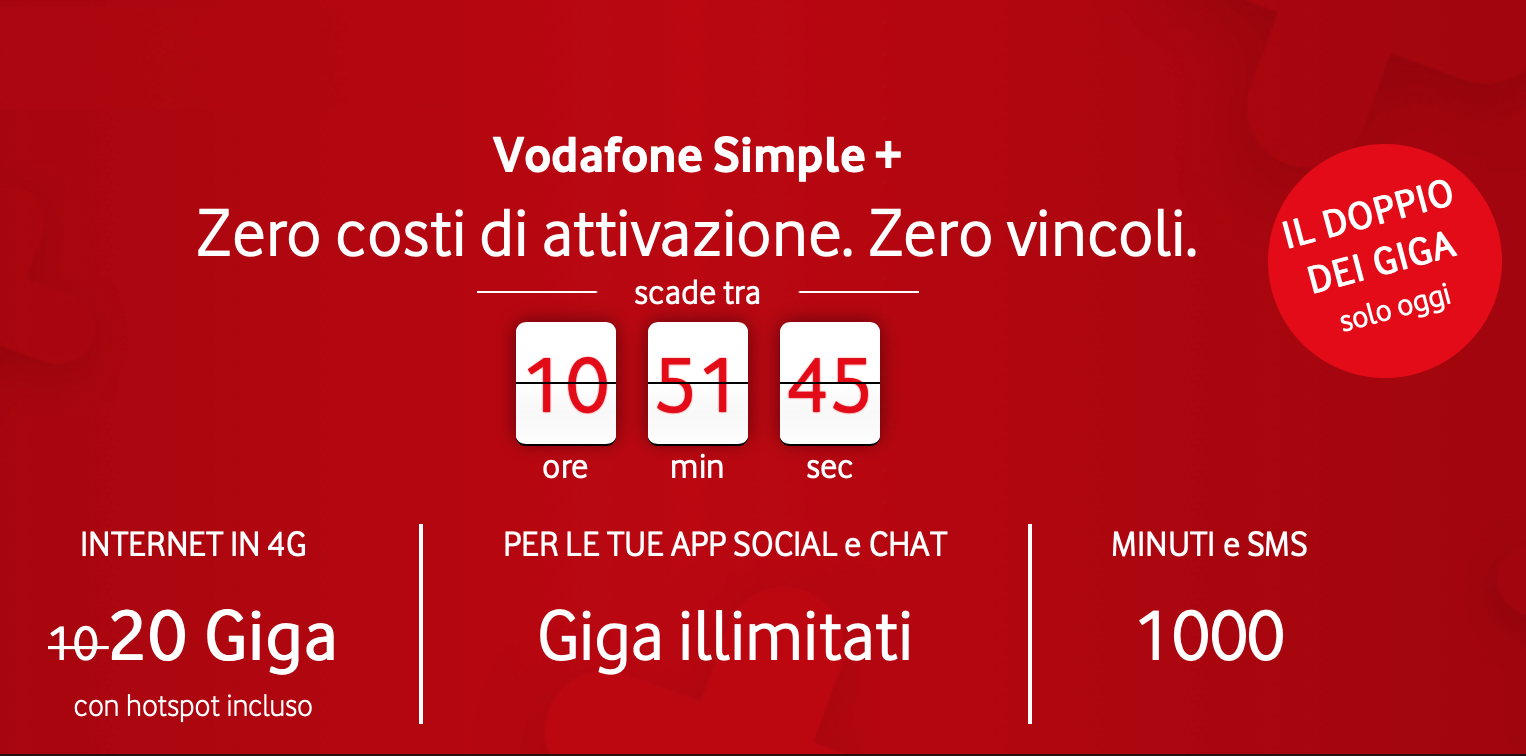 Tariffa Vodafone Simple+ promo solo oggi: GB doppi allo stesso prezzo