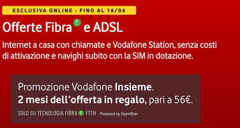 Fibra Vodafone con 2 mesi in regalo e canone scontato fino al 16 aprile