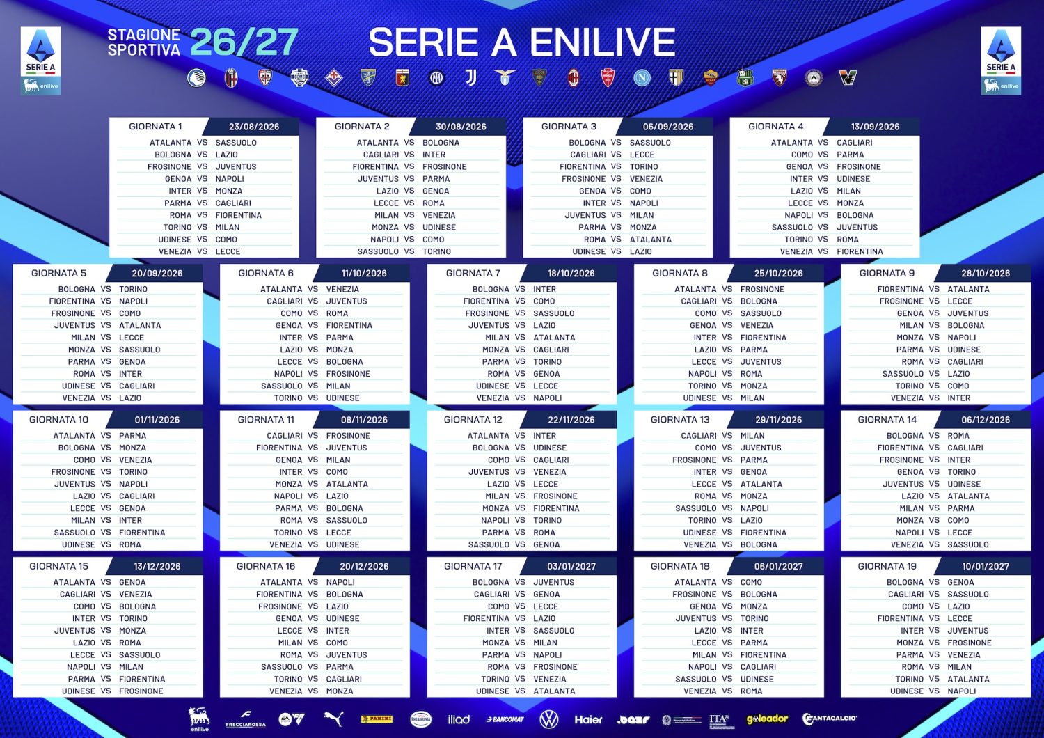 Calendario Serie A 2026-2027 dalla prima alla diciannovesima giornata