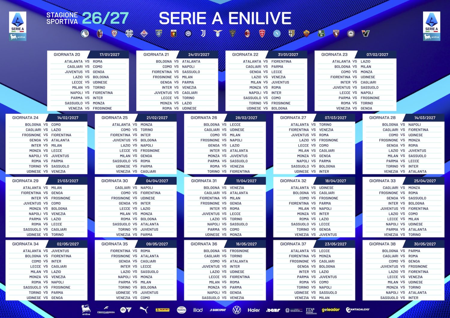 Calendario Serie A 2026-2027 dalla ventesima alla trentottesima giornata